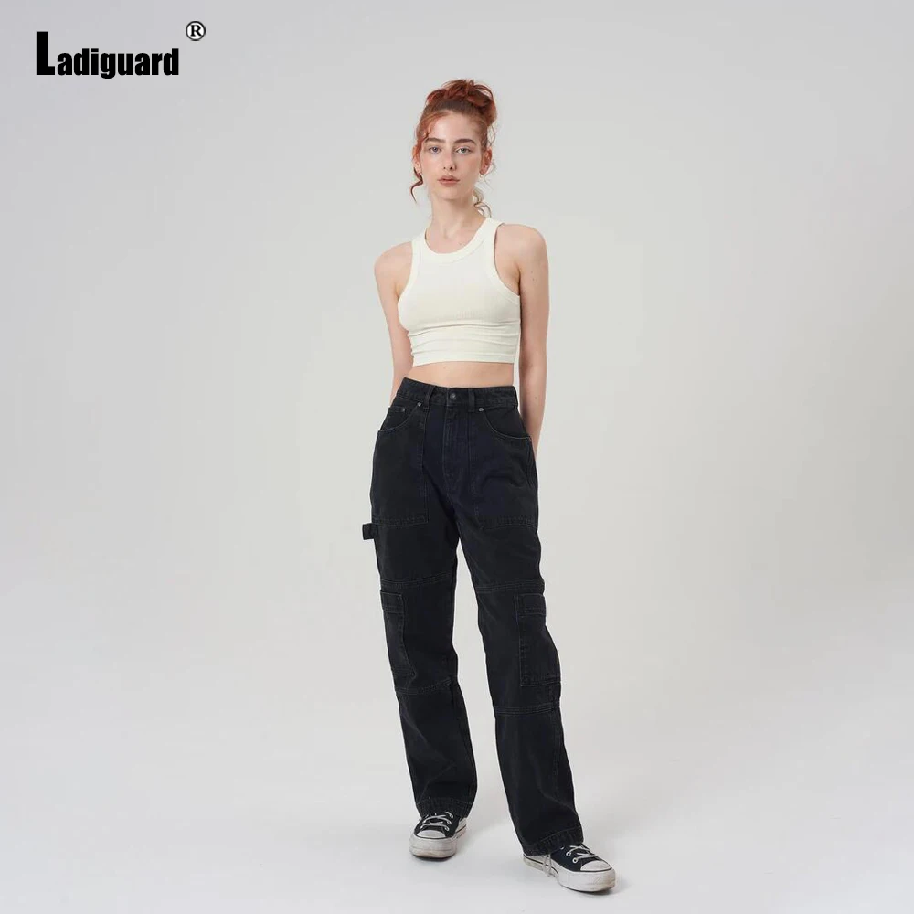 High Cut Women Straight Leg Demin Pants Girls Loose Trousers Sexy Pocket Design Jeans Harajuku 2022 European Style Fashion Pant