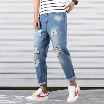 

#2122 Summer Casual Pencil Jeans Men With Holes Ankle-length Fashions Slim Fit Mens Ripped Jeans Male Blue Joggers Plus size