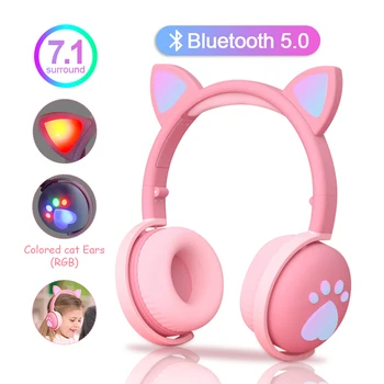 

7.1 Stereo Cute Cat Bluetooth Wireless Headphone With Microphone Flashing light Noise Cancel Earphone Music Helmet Girl Kid Gift