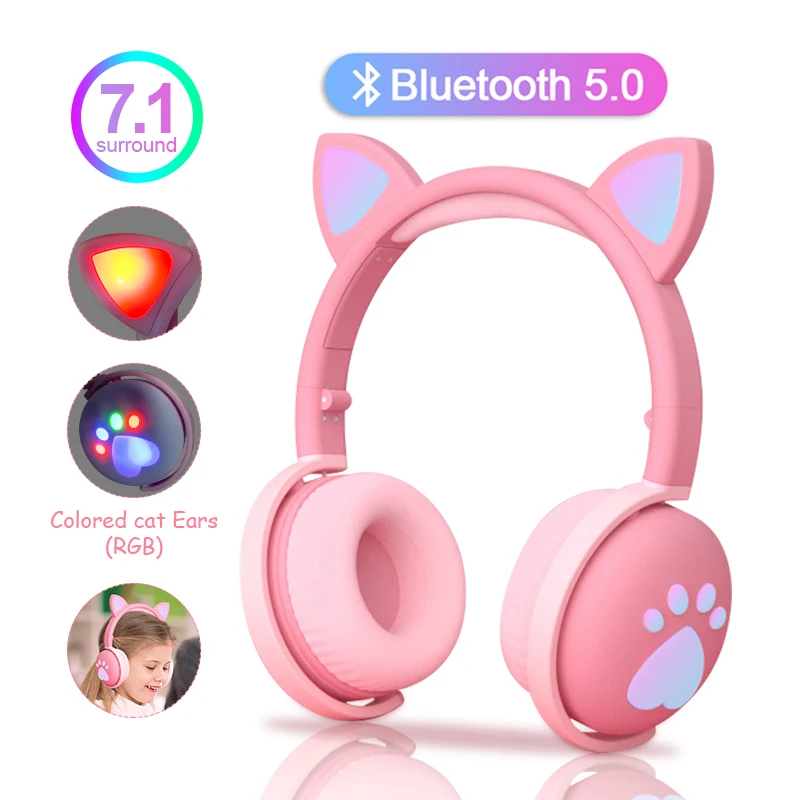 7 1 Stereo Cute Cat Bluetooth Wireless Headphone With Microphone Flashing light Noise Cancel Earphone Music Helmet Girl Kid Gift