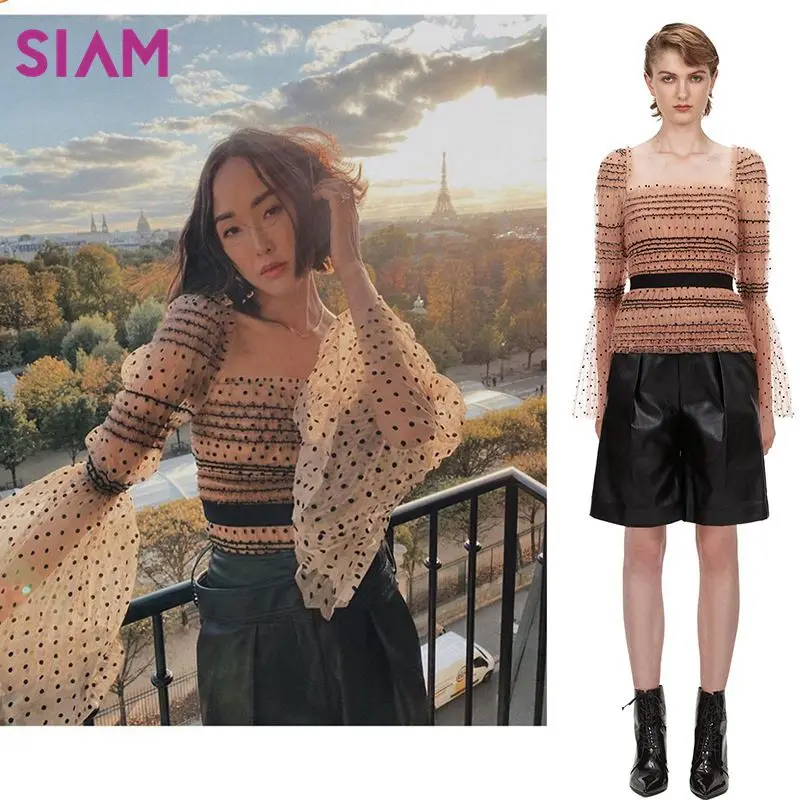 SIAM/ г. Весенний модный топ с роговыми рукавами; Женская кружевная рубашка в горошек с сборкой на талии; плиссированная одежда в полоску с открытой спиной для девочек; Новинка