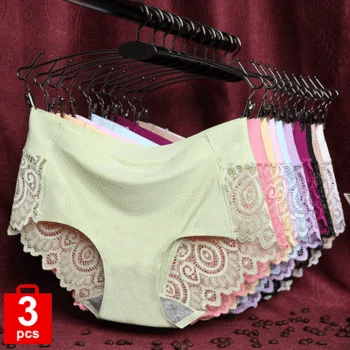

Lace pantie Seamless Panties Women's Ice silk ladies underwear Breathable Hip briefs Mid waist Lingerie 3 pieces in a pack