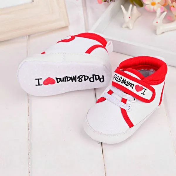 Для новорожденных, для маленьких мальчиков обувь для девочек с надписью «I Love PaPa»(«Я люблю папу»)& MaMa»(«Я люблю с принтом букв холст мягкая подошва Мокасины, обувь на возраст от 0 до 18 месяцев, для детей ясельного возраста, для тех, кто только начинает ходить