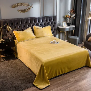 

Solid Color Crystal Velvet Sheet Winter Warm Bedspread Coverlet Summer Blanket Soft Comfortable Yellow Bed Flat Sheet Only