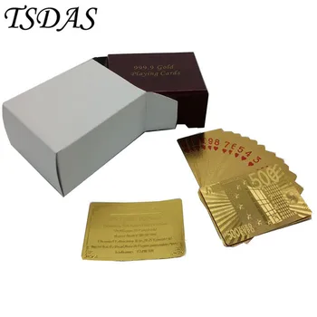 

500 Euro Style Waterproof Plastic Playing Card 24K Gold Foil Plated, 54PCS Gold Euro Cards With Wooden Box