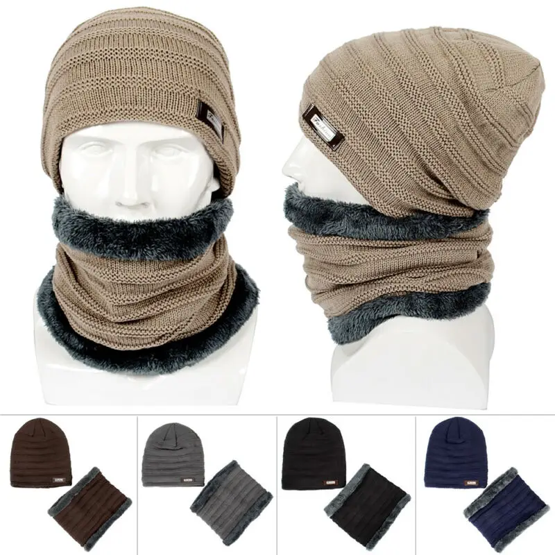 

New Men Beanie Knit Hat Winter Warm Casual Thermal Slouchy Ski Cap Fleece Neck Warmer Sets Black Gray Navy Blue