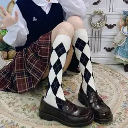 Usexy New Black White Diamond Check Color Blocking Striped Stockings Spring Autumn Women's Personalized Casual Knee-length Socks