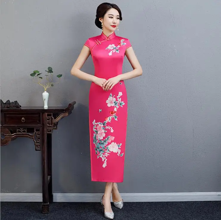 Большие размеры XXXXXL белое китайское женское Элегантное Длинное Qipao с принтом леди Qipao женское платье Cheongsam сексуальное платье одежда - Цвет: hot pink