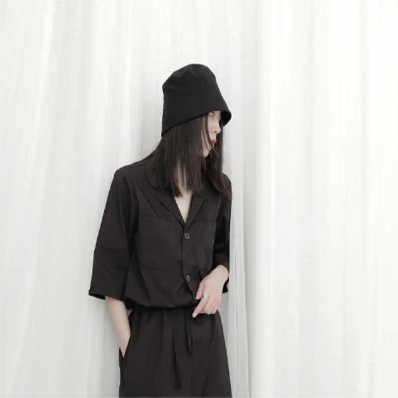 Spring and summer ladies solid color jumpsuit women's jumpsuit overalls rope waist short sleeve jumpsuit trousers