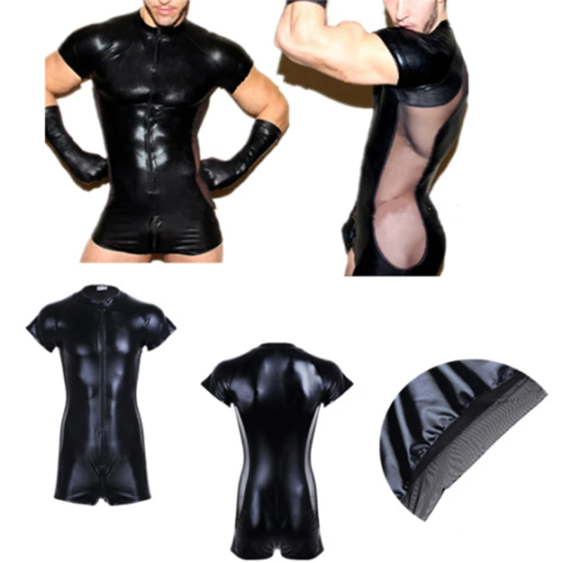 

Sexy Gay Wetlook PVC Leather Bodysuit Pants Male Transparent Mesh Jumpsuit Sissy Pants Fetish Pole Dance Costumes for Men Gay