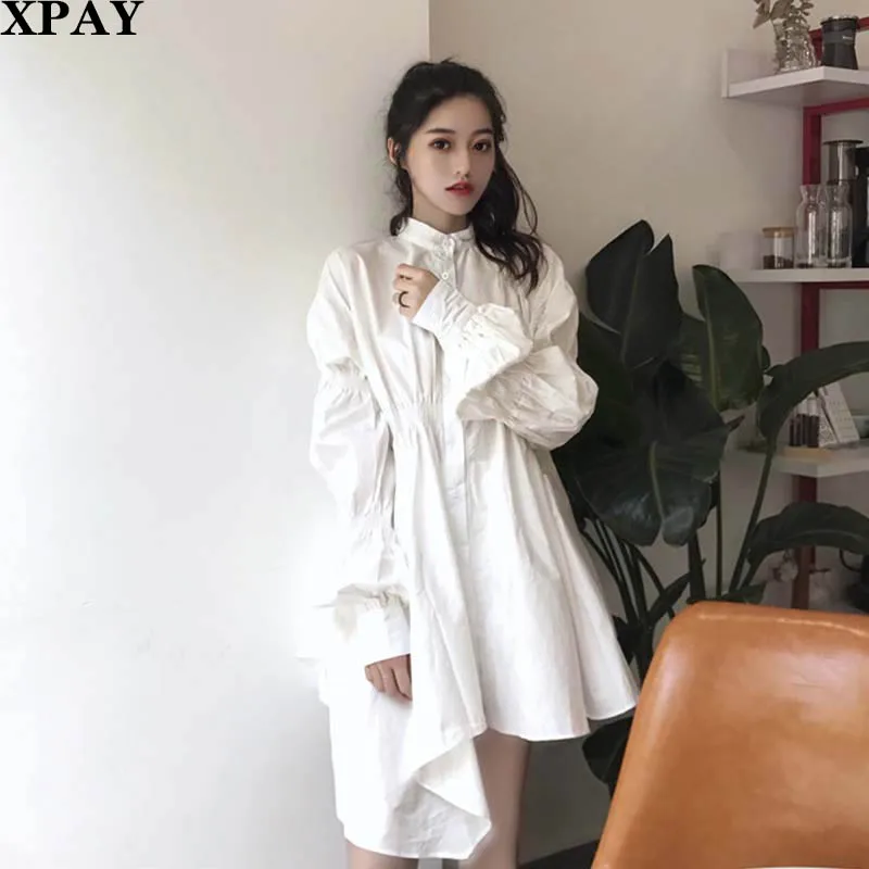 

Long Sleeve Solid Stand Collar Women Dress Spring 2020 New Casual Loose White Single Breasted Pleated Mini Dress Elegant Dresses