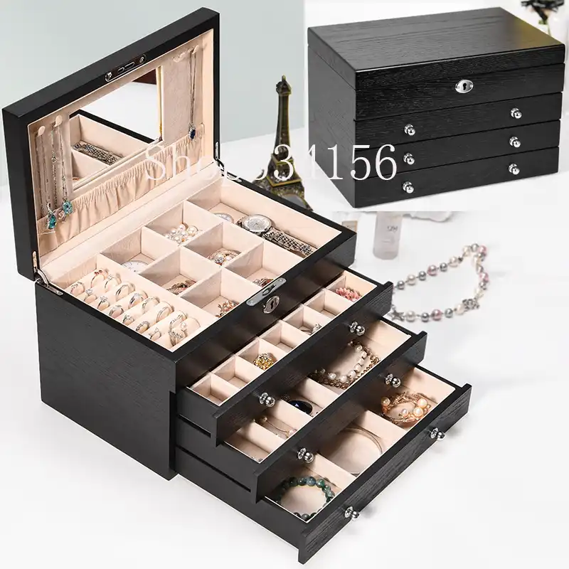 Luxury Large Wooden Jewelry Box Jewellery Organizer Cabinet Mirror