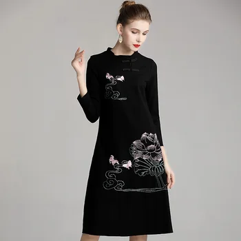 

Plus Size Women Long Dress Chinese Style Flower Embroidery Vintage Cheongsam Spring Work Office Black Dress Vestido