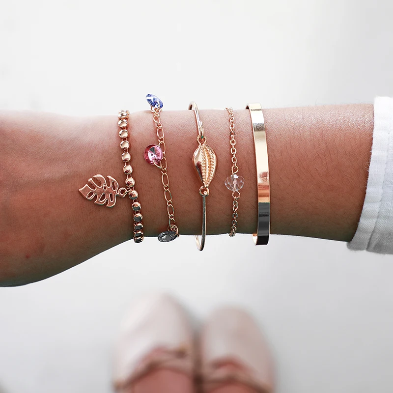 

Tocona Boho Multicolor Beads Chain Bracelets for Girl Shell Leaf Pendant Gold Color Chain Multi-layer Bracelets Sets Jewelry8467