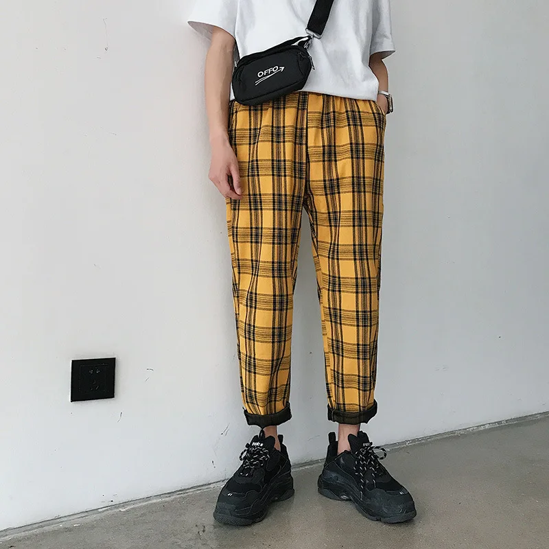 Yellow Plaid Pants Men Joggers 2019 Man Streetwear Casual Straight