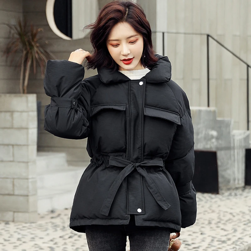 Новое поступление, зимняя куртка женская с расклешенным рукавом, Милая женская стеганая парка с поясом, верхняя одежда женская куртка с воротником-стойкой