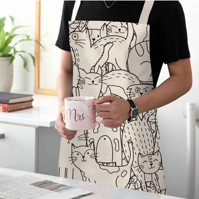 Hot 1pc Kitchen Apron Cute Cartoon Cat Printed Sleeveless Cotton Linen Aprons for Men Women Home Cleaning Tools 47x38cm 68x66cm