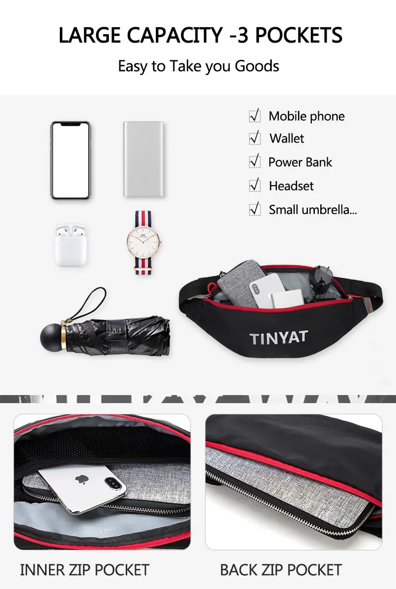TINYAT нейлоновая Мужская поясная сумка, водонепроницаемая Спортивная поясная сумка, Повседневная поясная сумка, женская сумка-банан, унисекс, хип-хоп
