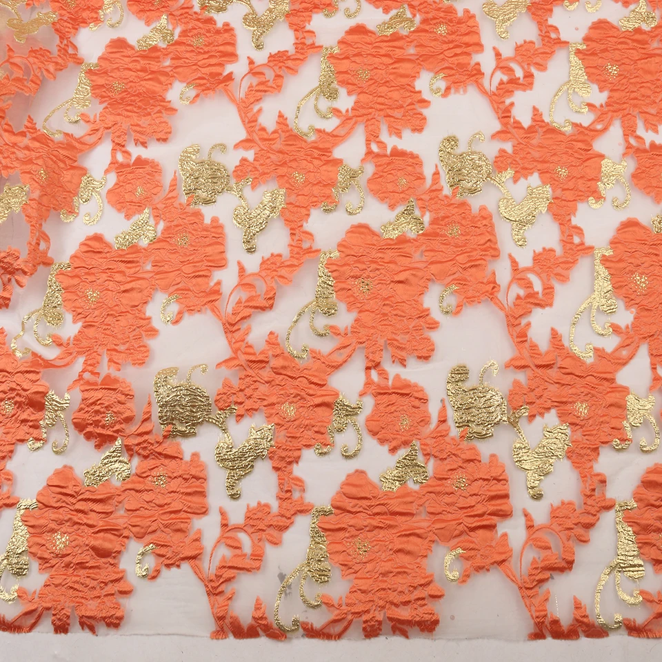 Оранжевый Цвет Африканское парчовое кружевная ткань с пером жаккардовые кружева тюль кружева сетки для Свадебное платье парча кружево APW3031B