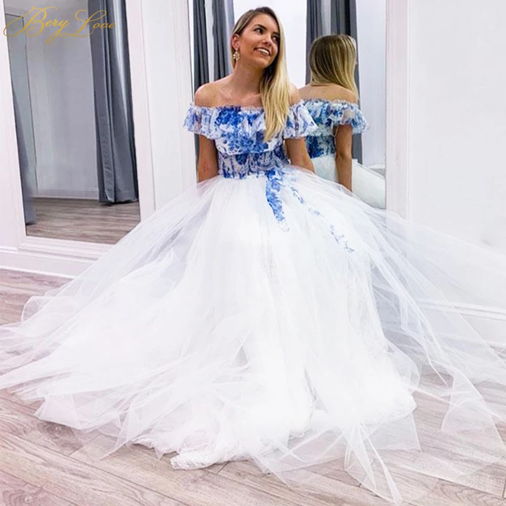 

Blue and White Prom Dress 2020 Off Shoulder Evening Gown Ruffles Shouler Wedding Party Dres Short Sleeve A line Formal Dress New
