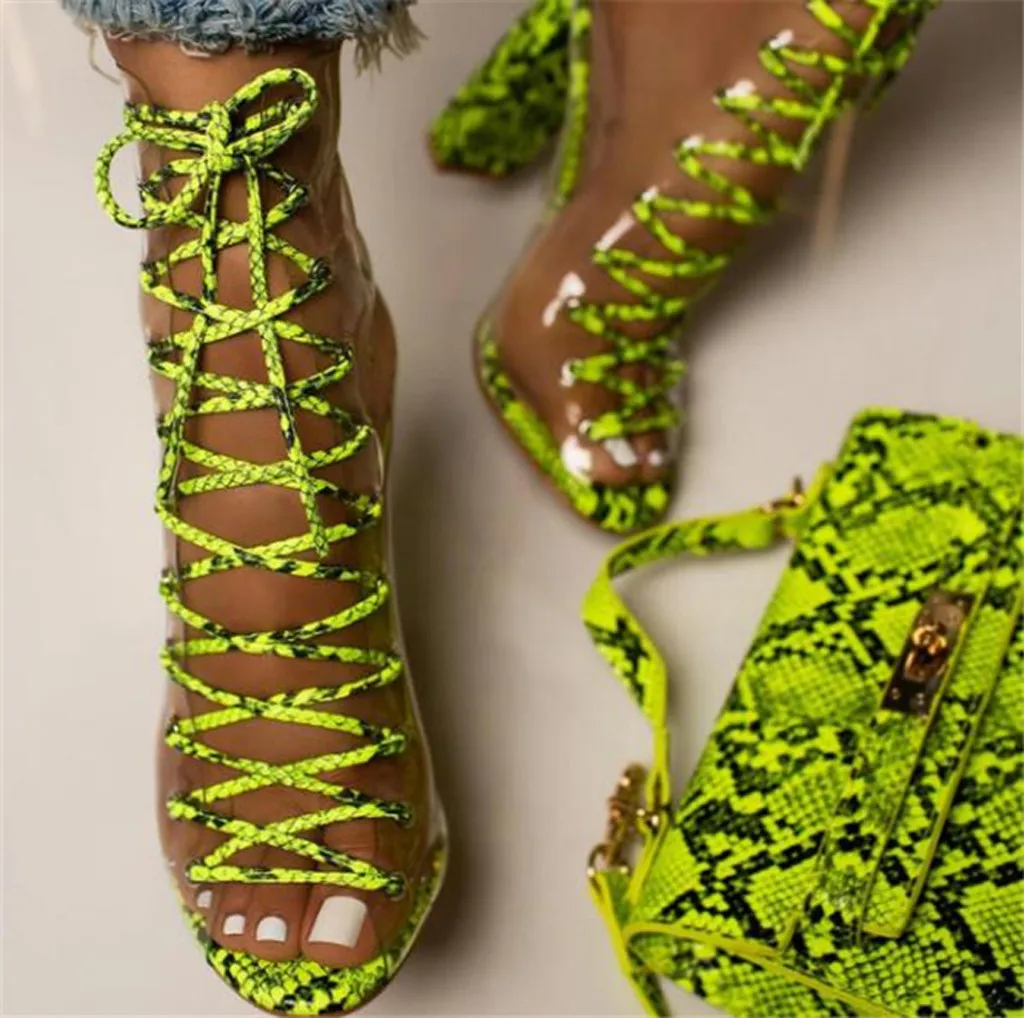 Women Snake Sandals Open Toe Cross Strappy Lace-Up Breathable Comfortable High Heel Shoes Woman transparent Snakeskin | Обувь