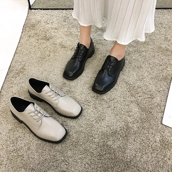 

Women's Shoes Leather Shoes Spring 2020 New Lace Up Professional Work Shoes Middle Heel Heel Loafers