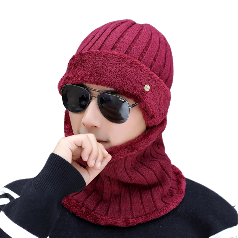 SUOGRY High Quality Winter Hats For Fashion Knitted Hat Scarf Warm Cap Thick Fur Hat Beanie Cashmere Wool Male Beanie