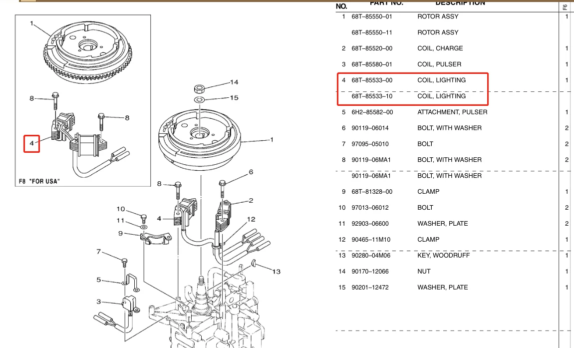 68T-85533 Lighting Coil For Yamaha Outboard Motor 4Stroke 6HP 8HP HDX HIDEA F8 68T-85533-00 