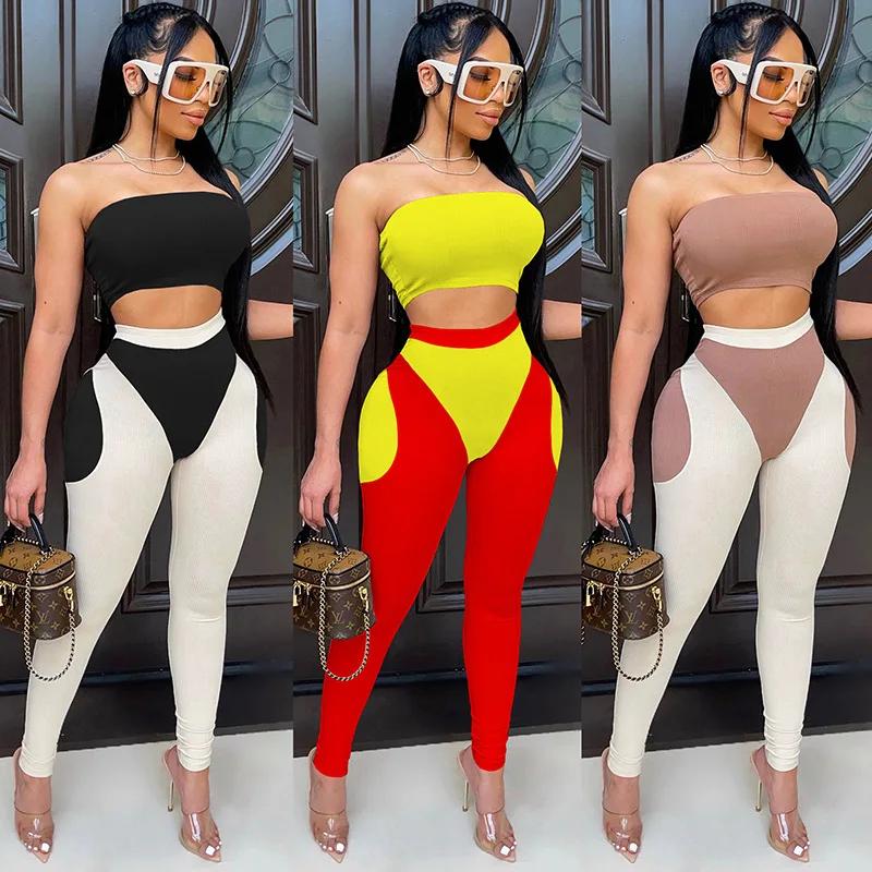 

Patchwork Color contrast Elastic Two Piece Set For Women Sleeveless Crop Top Skinny Pants Set Casual Fitness Slim Female Outfits