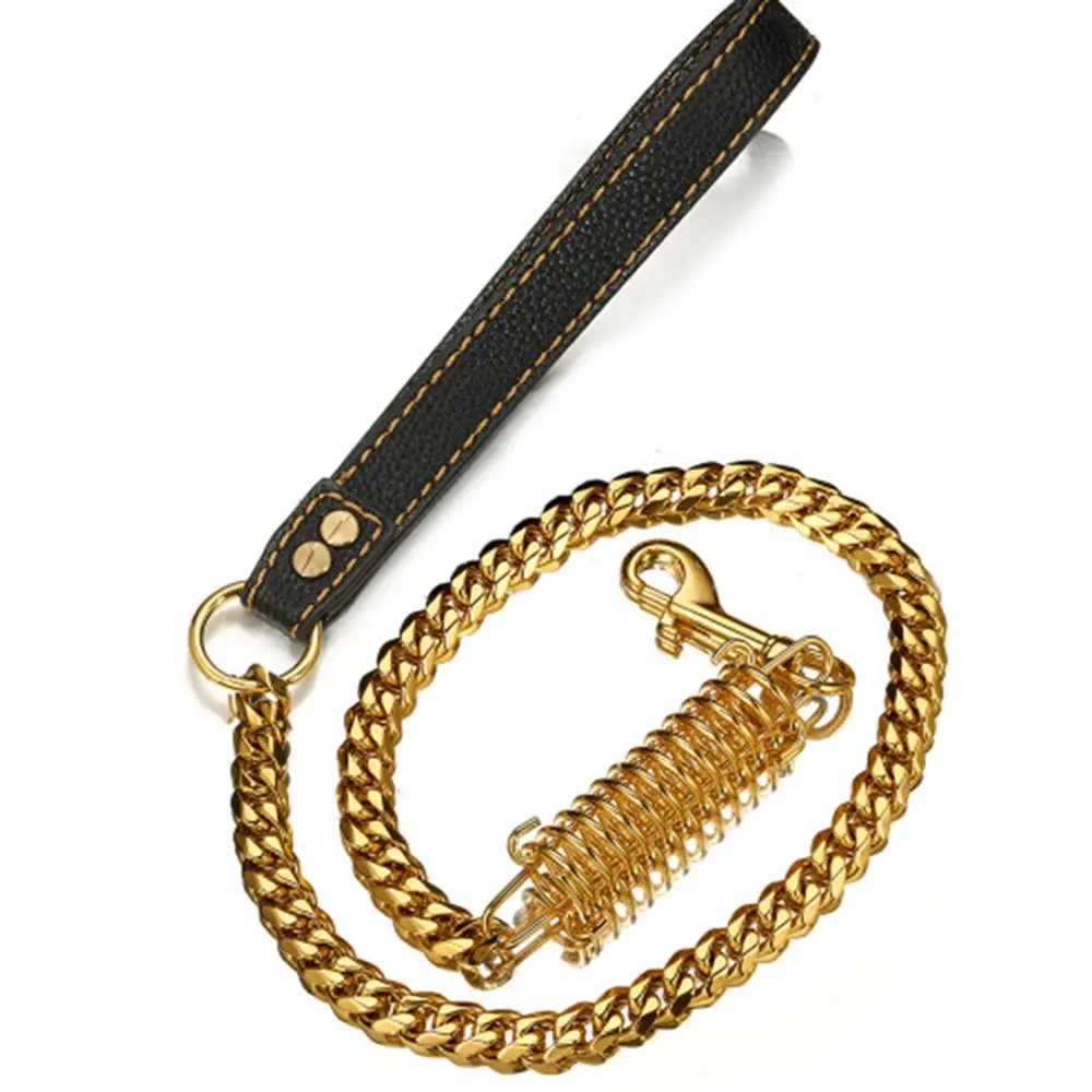 

Strong 15mm Stainless Steel Gold Cuban Link Chain Dog Leash Labor-Saving Spring Genuine Leather Handle For Large & Medium Dog