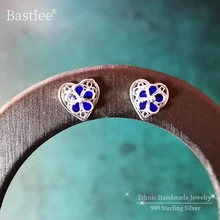 Женские серьги в форме сердца из стерлингового серебра 999 пробы, синие маленькие серьги-гвоздики ручной работы, перегородчатая эмаль, роскошные ювелирные изделия, корейская мода