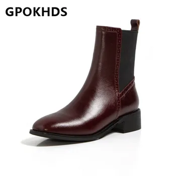 

GPOKHDS 2021 women Ankle boots Cow leather Winter short plush Square Toe Med heels female Chelsea boots size 41