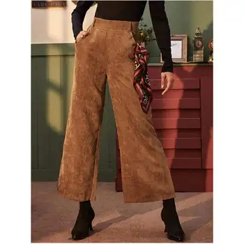 

Women Autumn Corduroy Wide Leg Pants Elastic High Waist Trousers Ladies Plain Loose Casual Pants