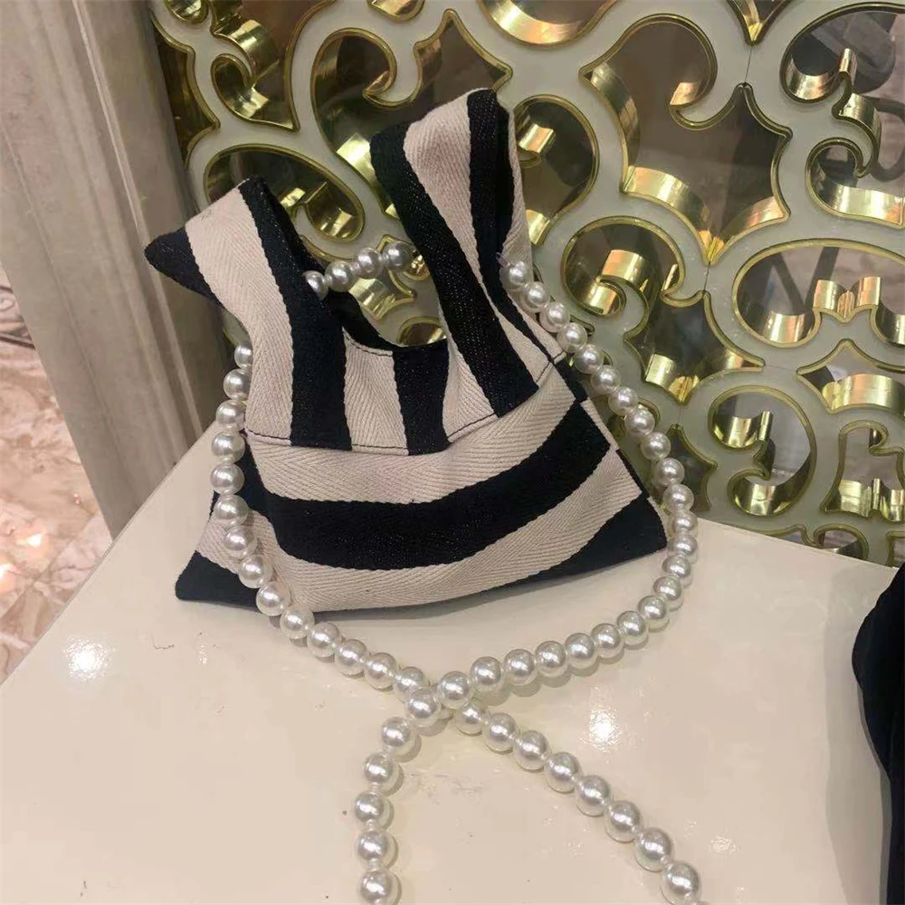 Pearl Striped Canvas Handbag Women Cute Shoulder Bag Mini Student Diagonal Bag Beaded Chain Horizontal Square Type Underarm Bags