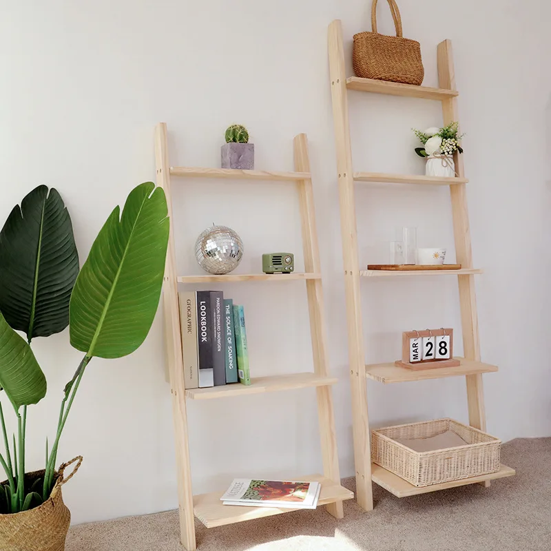 

3/4/5 Tier Decorative Leaning Ladder Shelf Wood Display Shelving Bookshelf Storage Rack Shelves for Living Room Kitchen Office