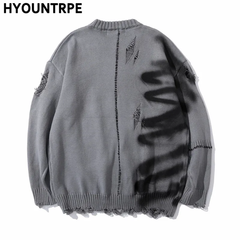 Mens Hip Hop Destroy Ripped Holes Streetwear Graffiti Harajuku Sweater Vintage Retro Knitted Sweater New Casual Cotton Pullover