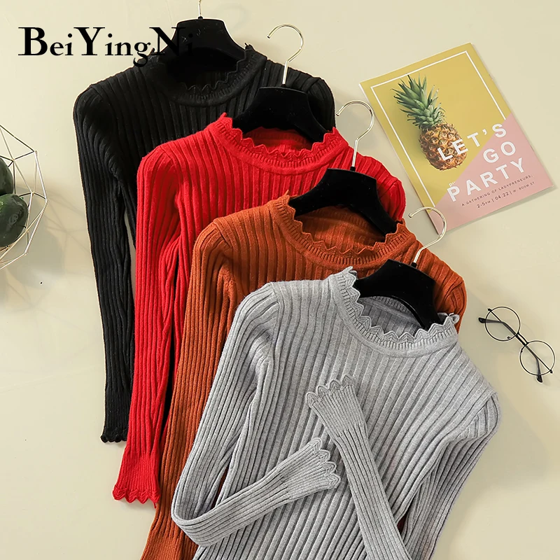 

Beiyingni Womens Sweaters Slim Harajuku Knit Pullover Solid Simple Basic Sweater Wave High Elastic Hiver Truien Dames Tricot Top