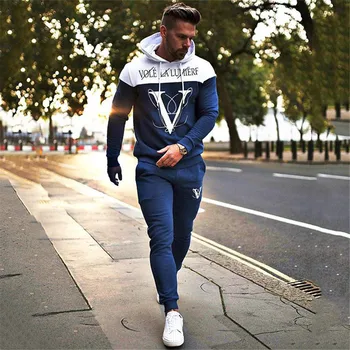 

Spring autumn men's fitness hooded tracksuits Loose running training casual hooded coats+fashion pure color pants Jogger suits