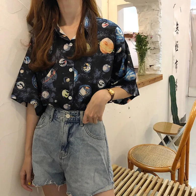 

Fashion Casual Shirt Lapel Short Sleeve Cute Girl Blouses Women Printed Vintage Blouse