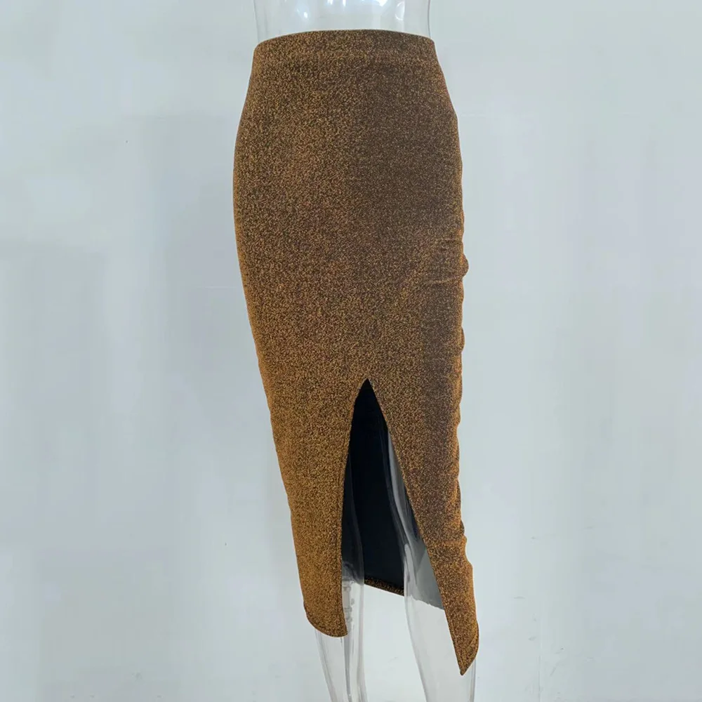 Shevan блестящая миди-юбка с высокой талией Осенняя Новая модная Клубная блестящая однотонная Сексуальная облегающая юбка-карандаш для женщин