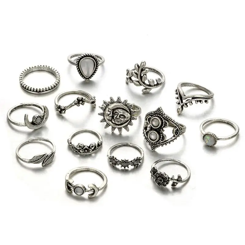 Vintage Silver Moon Star Flower Leaves Crystals Ring Band Midi Finger Ring Set 14PCS ring set finger ring silver ring jewelry accessories