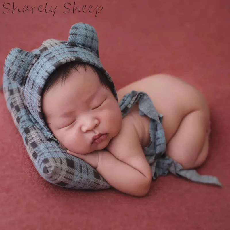 Baby Boy Plaid Hat+Pillow Set Photo Shoot Studio Posing Cap Newborn Photography Props Hat Infant fotografia Accessories