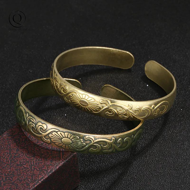 Retro Brass Plum Bossom Pattern Bangle Classic Pure Copper Open Bracelet Ancient Women Wristband Decor Valentine's Day Gifts