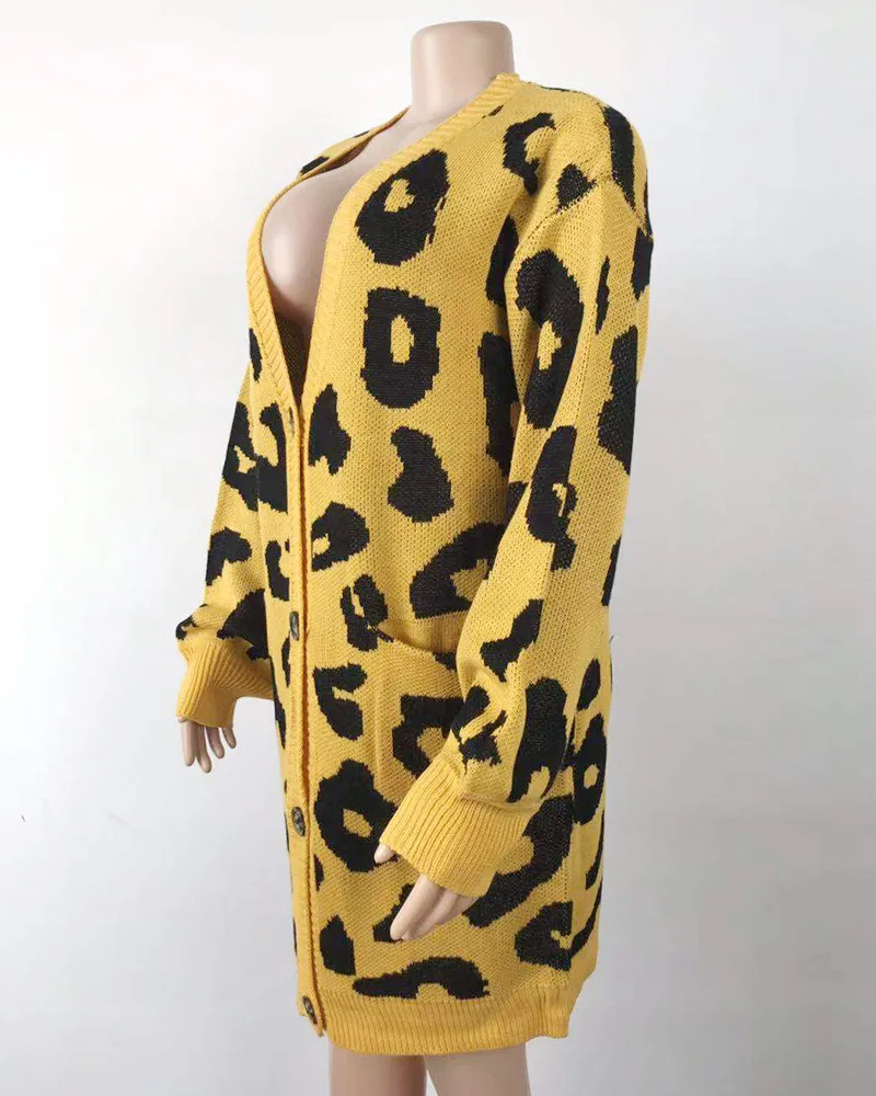 DANJEANER V шеи однобортный Леопардовый длинный кардиган пальто для женщин толстый Повседневный вязаный свитер с карманами негабаритный свитер