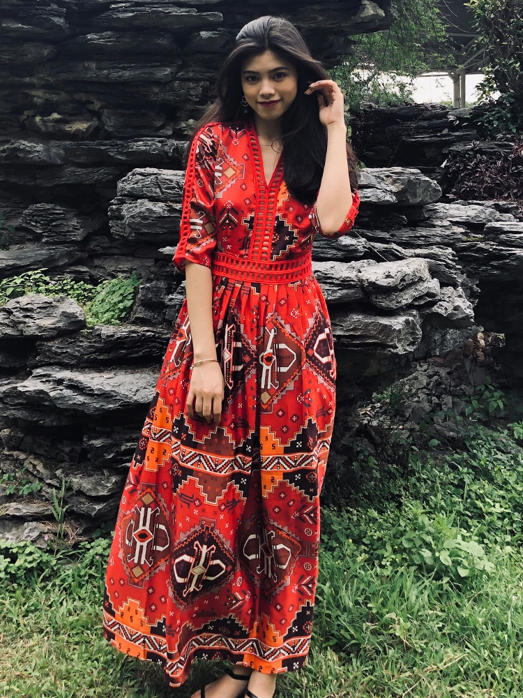 Autumn Summer Women Runway Boho People Ethnic Embroidery Maxi Long Dress Bohemia Elegant Beach Female Vestido | Женская одежда