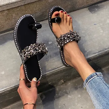 

new 2020 Summer Slippers Women's Flat Slippers Silver Sequins rhinestones Open Toe Wedding Party Ladies Shoes Plus Size 43