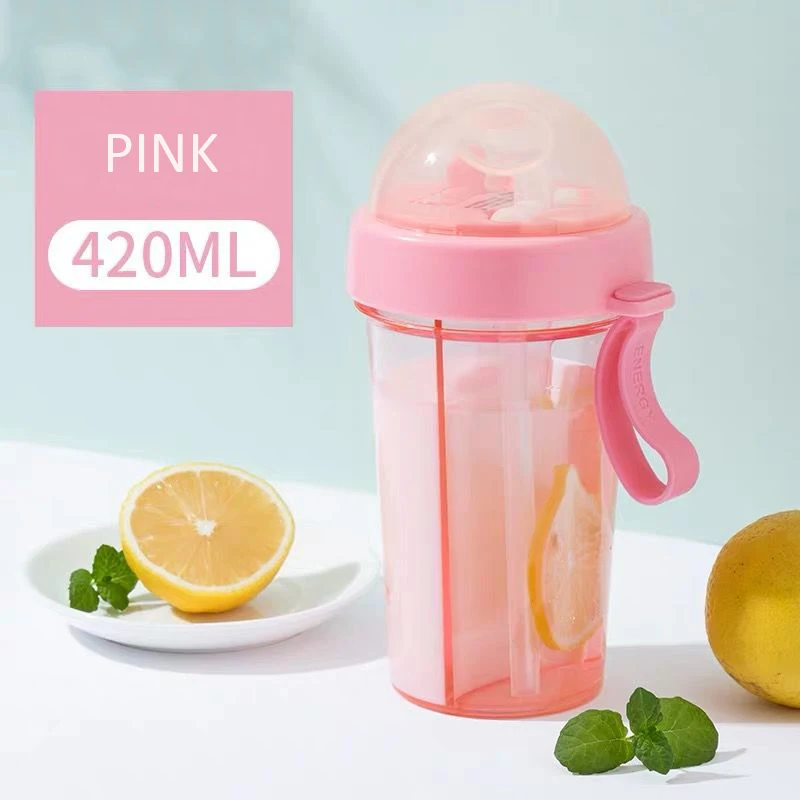 420/600ml Kawaii Double Straw Water Bottles Creative Lovers Drink Cup for Girls Portable Sports Plastic Water Bottle BPA Free - Цвет: PINK 420ML