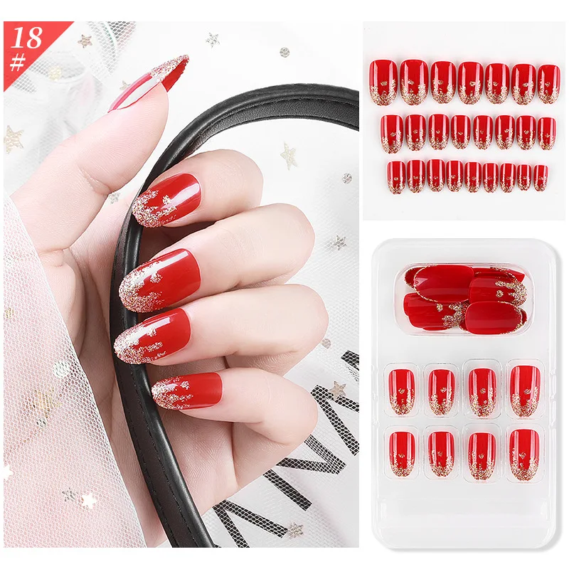 

24 Pcs False Nails Gradient Fake Nails Gold Foil French Tips Leaf Nail Tips Glitter Artifical Nails Detachable Nail Art Tools