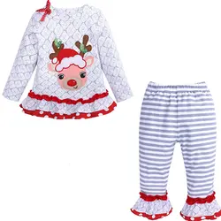 Костюм для девочек Рождественская одежда рубашка с длинными рукавами и рисунком лося + штаны в полоску, костюм Новогодняя Рождественская