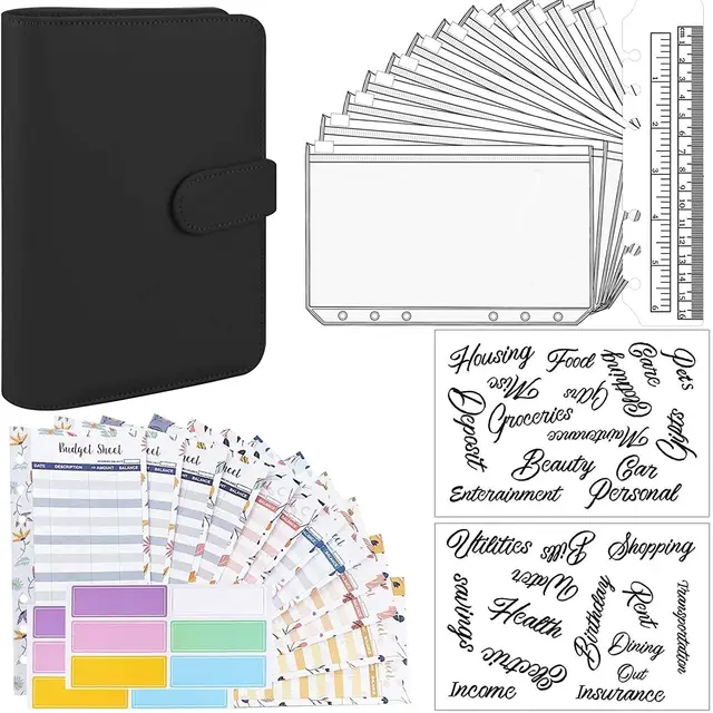 15 Pieces Binder Budget Planner Cash Envelope Binder with Budget Envelopes A6 Binder Pockets Cash Envelope Wallet for Budgeting Black--29pcs